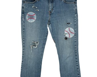 Levi's 545 Upcycled Baseball Themed Distressed Cropped Jeans 12M Vintage Y2K