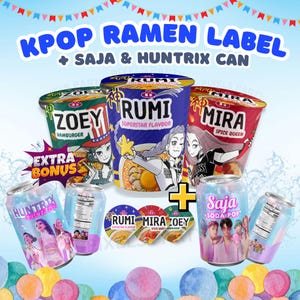 Kpop Party Bundle | Huntrix kpop Ramen Cup Noodle Labels + Saja Boys & Huntrix Soda pop Can Label | Kpop Demon Hunters Party Decor Printable