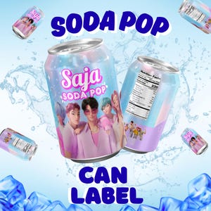 May include: Soda pop can label design featuring the text "Saja SODA POP" in pink and white. The can has a light blue and purple gradient with an image of a group of people. The words "SODA POP" and "CAN LABEL" are also visible.