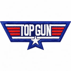 May include: A rectangular embroidered patch with a blue border featuring the white text TOP GUN centered horizontally. The design includes horizontal red and white stripes and a white star positioned at the bottom center of the emblem.