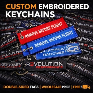 Individuell gestickte Schlüsselanhänger | Doppelseitige Stickerei und personalisierte Logo-Schlüsselanhänger | Vor dem Flug Tags entfernen