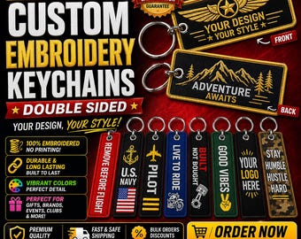 Portachiavi personalizzato ricamato / Portachiavi con logo e testo su entrambi i lati / Targhetta di volo personalizzata / Portachiavi personalizzati all'ingrosso