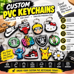 May include: A collection of custom PVC keychains featuring various graphic designs including logos, cartoon characters, and text. The keychains are displayed with promotional text such as CUSTOM PVC KEYCHAINS, Small Details Make a Big Impact, and Any Shape Any Size Any Design.