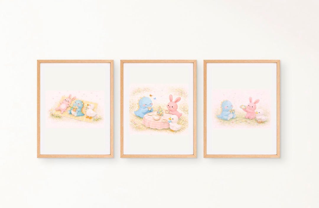 Pastel Nursery Wall Art Set of 3 Printable, Bunny Dino Duck Baby Room ...