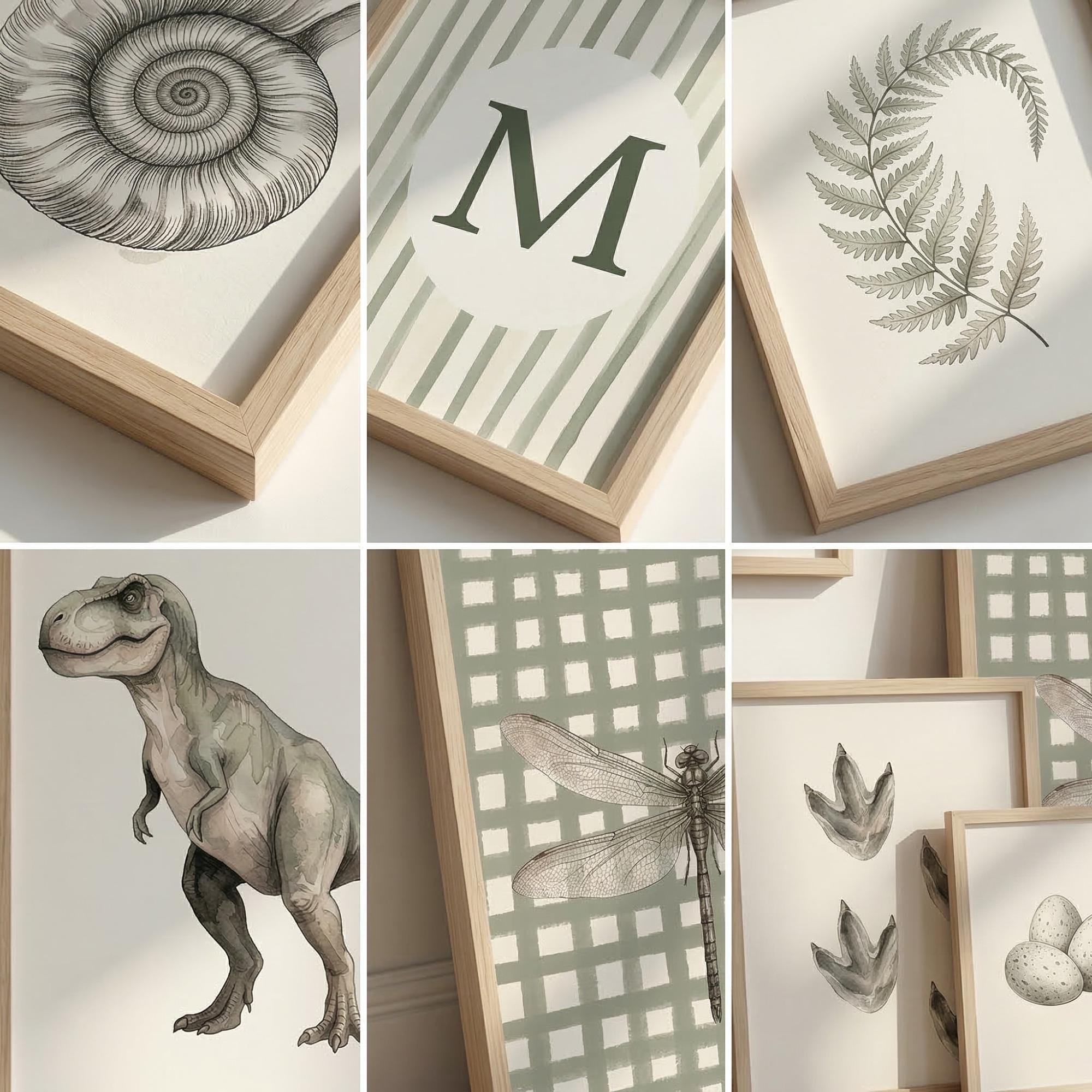 Dinosaur Wall Art Set of 25 Prints, Personalized Dino Initial Poster ...