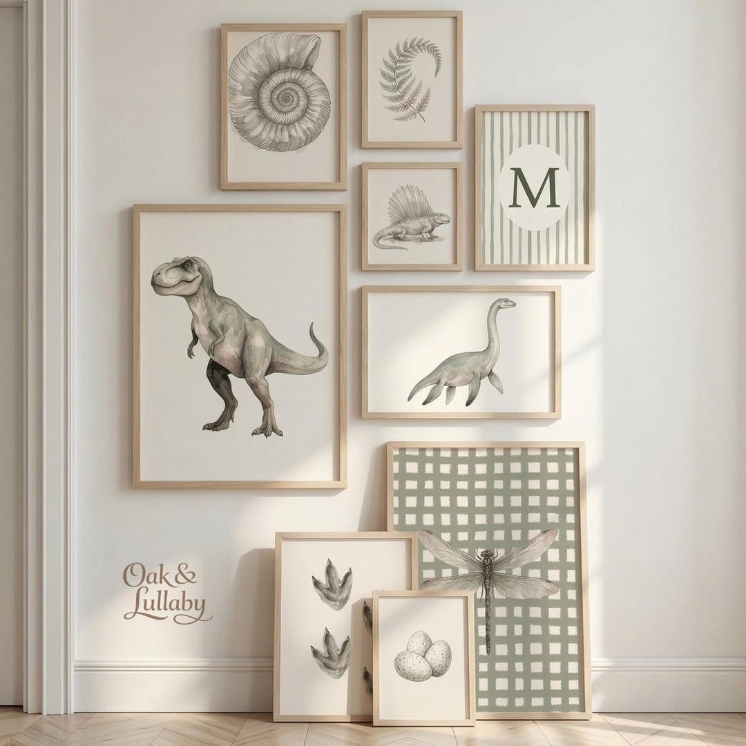 Dinosaur Wall Art Set of 25 Prints, Personalized Dino Initial Poster ...