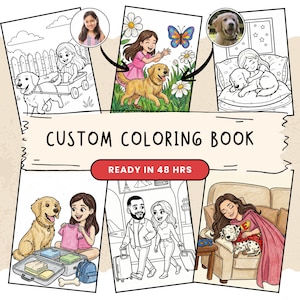 Puede incluir: Un libro para colorear personalizado con ilustraciones de personas y perros. La portada incluye el texto "CUSTOM COLORING BOOK" y "READY IN 48 HRS". Las ilustraciones muestran escenas de perros con personas, como una niña con un perro en un vagón.
