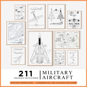 May include: A collection of framed black and white military aircraft blueprints and illustrations. The artwork includes various airplane designs, with the text "211 IMAGES INCLUDED" and "MILITARY AIRCRAFT". The frames are a light brown color.