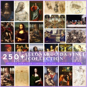 Può includere: Un collage digitale che presenta oltre 250 opere d'arte di Leonardo da Vinci, tra cui la Gioconda, l'Ultima Cena e l'Uomo Vitruviano. L'immagine include il testo 250+ LEONARDO DA VINCI COLLECTION, INSTANT DOWNLOAD, LIFETIME ACCESS, COMMERCIAL USE.