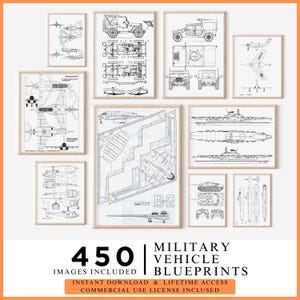 Military Blueprints Bundle. Aircraft, Tank, Warship Line Drawings, Home Decor, Printable Wall Art, Digital Download, Commercial License