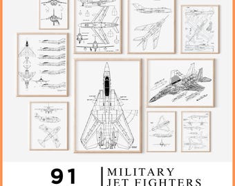 May include: A collection of framed black and white blueprints of military jet fighters. The artwork includes various aircraft designs, with detailed schematics and technical drawings. The text at the bottom reads "91 IMAGES INCLUDED" and "MILITARY JET FIGHTERS".