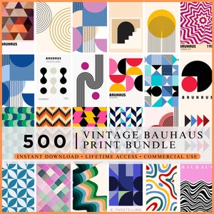 Op de afbeelding: Een verzameling van 500 vintage Bauhaus prints. De prints tonen geometrische vormen, felle kleuren en abstracte ontwerpen. De tekst op de afbeelding luidt "Vintage Bauhaus Print Bundle", "Instant Download", "Lifetime Access" en "Commercial Use".