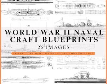 Könnte beinhalten: Eine Sammlung von schwarz-weißen technischen Strichzeichnungen von Kriegsschiffen aus dem Zweiten Weltkrieg. Das Bild enthält den Text "1:35", "WORLD WAR II NAVAL CRAFT BLUEPRINTS", "25 IMAGES" und "INSTANT DOWNLOAD • LIFETIME ACCESS • COMMERCIAL USE".