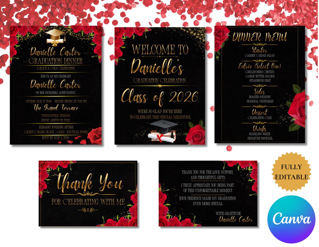 Black Gold Graduation Party Bundle | Class of 2026 Invitation, Menu ...
