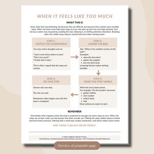 May include: A printable page titled "When It Feels Like Too Much" offering steps to manage overwhelm. The page features text and bullet points with examples. The bottom of the page reads "Preview of printable page."