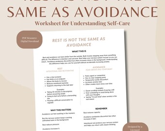 Rest Is Not Avoidance | Emotional Regulation Worksheet for Adults | Printable PDF