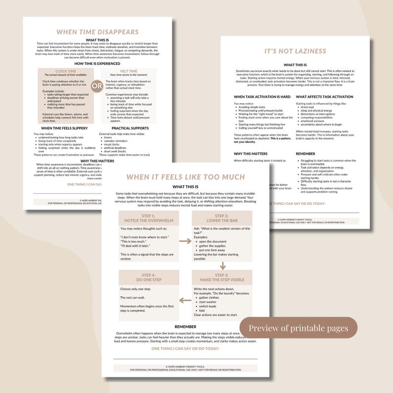 May include: Printable pages with text on time management, task activation, and overcoming overwhelm. The pages include headings like "When Time Disappears" and "It's Not Laziness," with bullet points and diagrams.