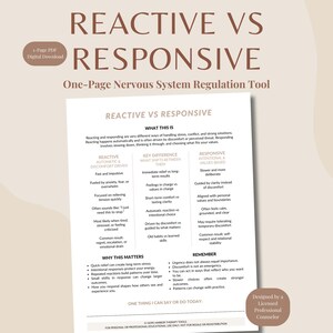 以下が含まれることがあります： 「反応性 vs. 応答性」というタイトルのデジタルダウンロード、1ページのPDF。このドキュメントは、反応的行動と応答的行動の違いを概説しており、主な違いと、なぜそれが重要なのかを説明しています。認可された専門カウンセラーによって設計されました。