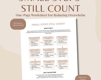 Auch die kleinen Schritte zählen | Überwältigen Sie Bewältigung Arbeitsblatt für Erwachsene | Aufgaben in kleinere Teile zerlegen | Emotionsregulierung druckbare PDF