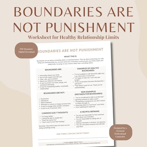 Può includere: Un foglio di lavoro intitolato "BOUNDARIES ARE NOT PUNISHMENT" per limiti di relazione sani. Il documento include sezioni su cosa sono i limiti, esempi di limiti sani e pensieri di colpa comuni. Progettato da un consulente professionale autorizzato.