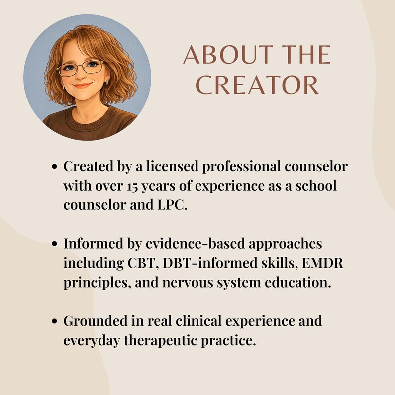 May include: An illustration of a woman with auburn hair and glasses, accompanied by text that reads "ABOUT THE CREATOR." The text describes the creator's experience and approach to counseling, including CBT, DBT, and EMDR.