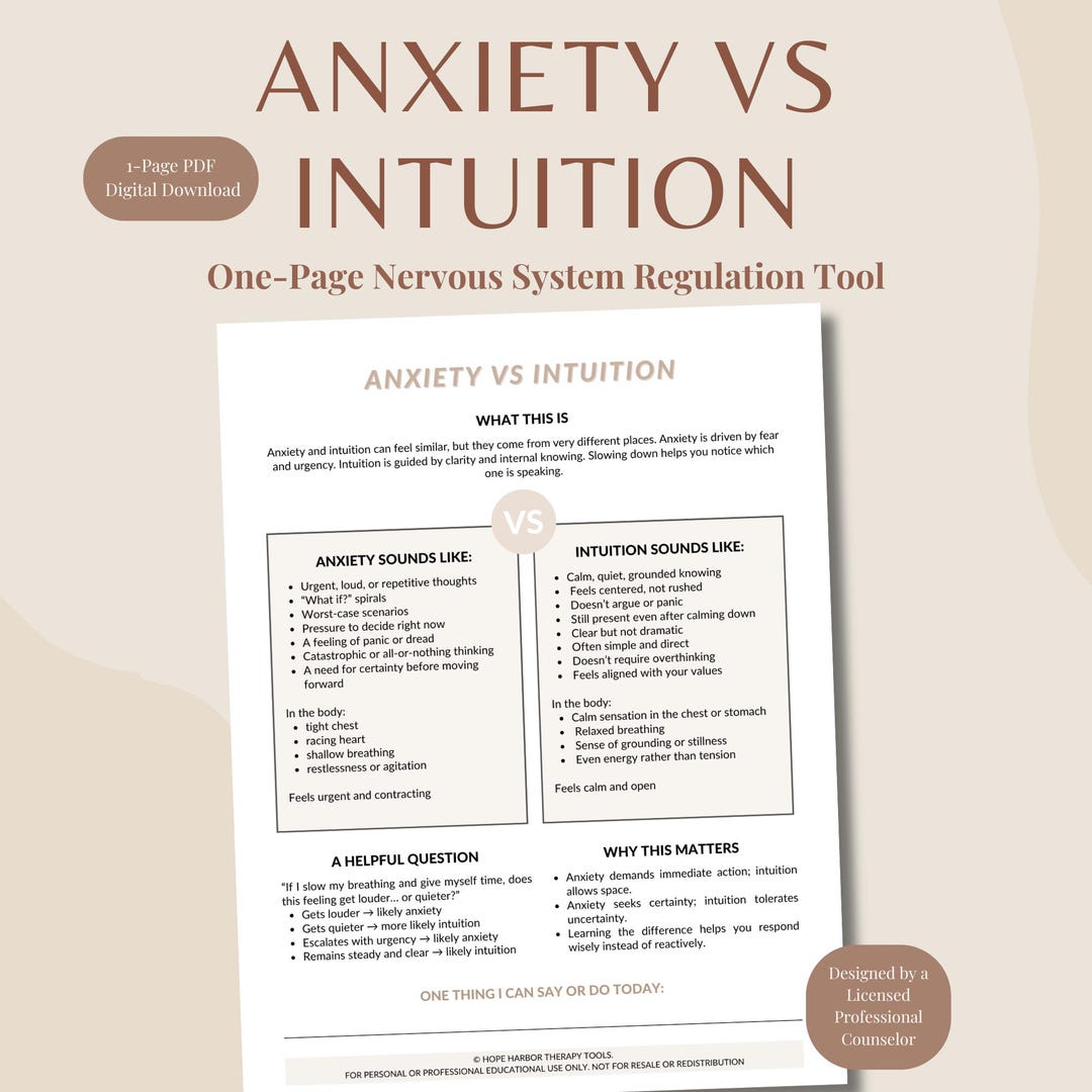 Anxiety Vs Intuition Worksheet for Adults | Emotional Awareness Tool ...
