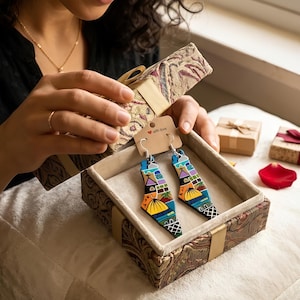 Handmade Palestine Keffiyeh Map Earrings – Polymer Clay Dangle Jewelry – Gift for Her