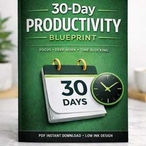 30-Day Productivity Blueprint | Deep Work Planner Printable PDF | Focus Workbook | Time Blocking Planner | Low Ink Instant Download