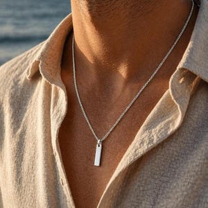 Silver Bar Pendant Necklace - Minimalist Men's Stainless Steel Chain