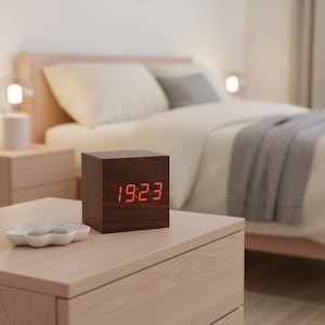 May include: A wooden cube digital clock displaying the time 19:23 in red numerals. The clock sits on a light-colored wooden nightstand next to a white decorative dish. The background shows a bed with white bedding.