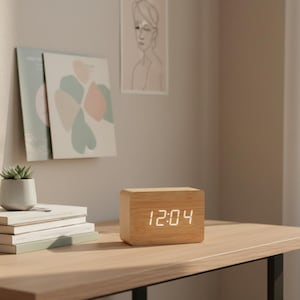 Minimalist Wooden Digital Alarm Clock with Temperature Display Desk Decor
