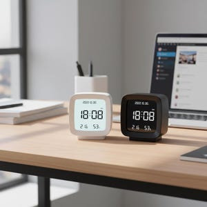 Könnte beinhalten: Zwei digitale Wecker, einer weiß und einer schwarz, stehen auf einem Holzschreibtisch. Jede Uhr zeigt die Uhrzeit 18:08 Uhr mit dem Datum 2022.10.30 an. Die Uhren haben ein quadratisches Design mit abgerundeten Ecken und eine Digitalanzeige.