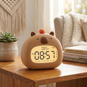 May include: A brown bear-shaped digital alarm clock displaying the time as 08:57 AM and the temperature as 85°F. The clock has a small orange button on top and is sitting on a wooden table. The clock also displays the days of the week.