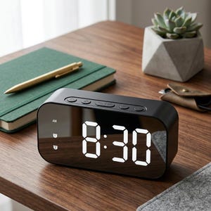 Könnte beinhalten: Ein schwarzer digitaler Wecker mit der Anzeige 8:30 Uhr morgens mit weißen Ziffern. Die Uhr hat eine verspiegelte Oberfläche und Tasten oben. Ein grünes Notizbuch, ein goldener Stift und eine kleine Sukkulente sind ebenfalls zu sehen.