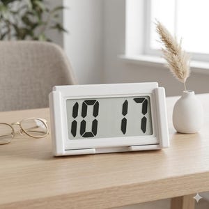 May include: A white digital clock displaying 10:17, set on a light wood surface. The clock has a rectangular design with a clear display. A pair of gold-rimmed glasses and a small vase with dried flowers are also visible.