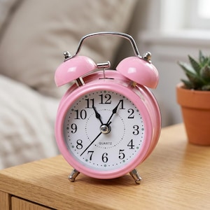 May include: A pink twin-bell alarm clock with a white circular face, black Arabic numerals, and black hour, minute, and second hands. The clock features a silver handle, two silver feet, and the word QUARTZ printed in black on the dial.
