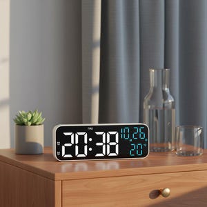 May include: A rectangular digital alarm clock with a white frame displays the time, date, and temperature. The clock sits on a wooden nightstand next to a small succulent in a gray pot, a glass of water, and a decorative glass bottle.
