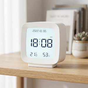 Modern LED Digital Clock, Temperature Humidity, Battery Powered Desk Table Bedside Alarm (12/24H)