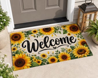 Zerbino di benvenuto con girasoli / Zerbino in poliestere, tappeto d'ingresso floreale in stile rustico