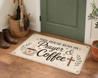 Zerbino in poliestere con preghiera e caffè / Zerbino di benvenuto cristiano, decorazione per la casa con fede e caffè