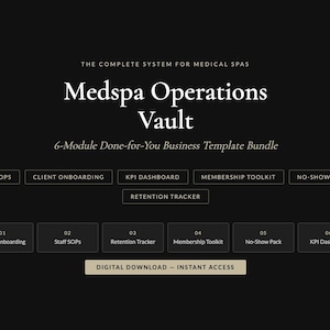 Medspa Operations Vault | SOPs, Client Onboarding, KPI Dashboard & Membership Templates | Medical Spa Digital Download