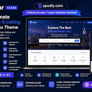 May include: A dark blue graphic promoting the "Listar" WordPress theme, with a laptop and smartphone displaying the theme's interface. The text highlights features like advanced search, Elementor page builder, and responsive design. The theme is for directory and listing websites.