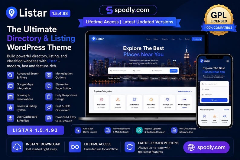 May include: A dark blue graphic promoting the "Listar" WordPress theme, with a laptop and smartphone displaying the theme's interface. The text highlights features like advanced search, Elementor page builder, and responsive design. The theme is for directory and listing websites.