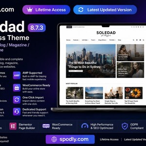 May include: A website theme called Soledad, displayed on a laptop and smartphone. The theme is for blogs and magazines, with features like WooCommerce integration and AMP support. The image shows the website's design.