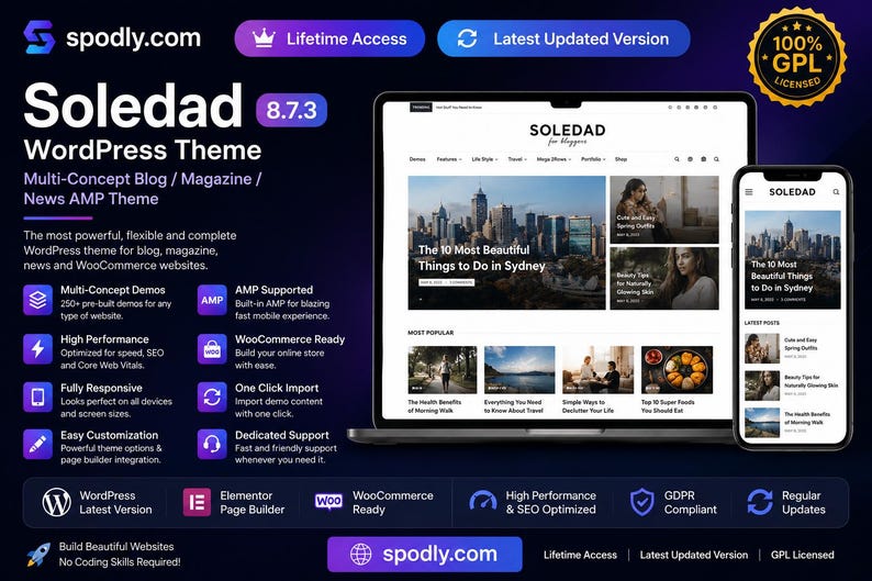 May include: A website theme called Soledad, displayed on a laptop and smartphone. The theme is for blogs and magazines, with features like WooCommerce integration and AMP support. The image shows the website's design.
