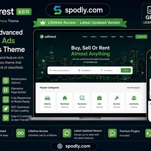 May include: A dark green and black graphic showcasing a classified ads WordPress theme, "adforest 6.0.12." The image displays a laptop and smartphone with the theme's interface, promoting buying, selling, or renting. Features include advanced search, monetization options, and mobile responsiveness.