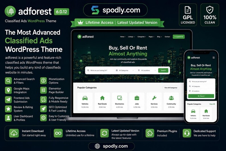 May include: A dark green and black graphic showcasing a classified ads WordPress theme, "adforest 6.0.12." The image displays a laptop and smartphone with the theme's interface, promoting buying, selling, or renting. Features include advanced search, monetization options, and mobile responsiveness.