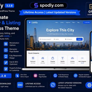May include: A digital display of the "Listify" WordPress theme, showcasing a directory and listing website interface on a laptop and smartphone. The interface features a city skyline background and search functionality.