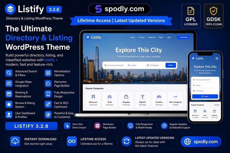 May include: A digital display of the "Listify" WordPress theme, showcasing a directory and listing website interface on a laptop and smartphone. The interface features a city skyline background and search functionality.