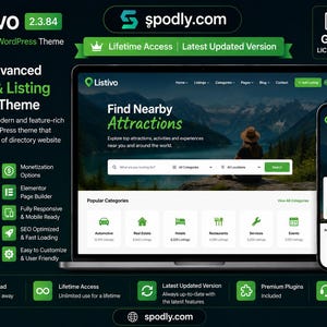 May include: A promotional image for the Listivo WordPress theme. The image shows a laptop and a smartphone displaying the theme's interface. The theme is designed for directory and listing websites, with features like advanced search, Google Maps integration, and monetization options.